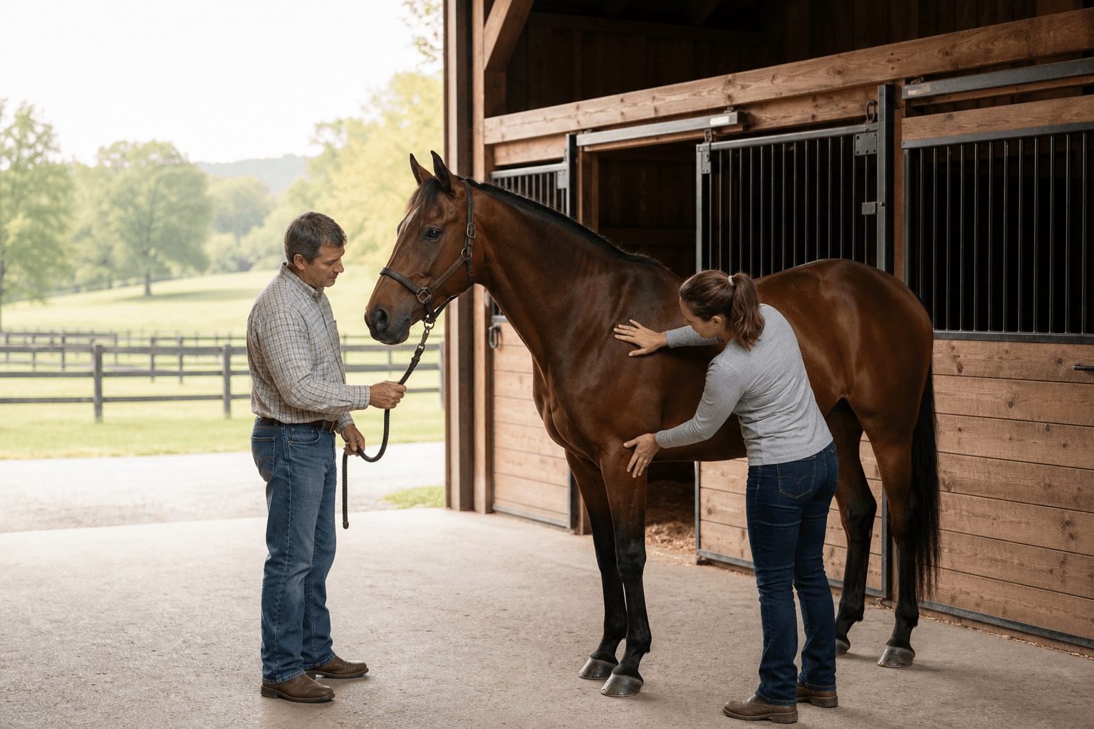 A prospective buyer inspecting a bay horse while the seller holds it at a barn