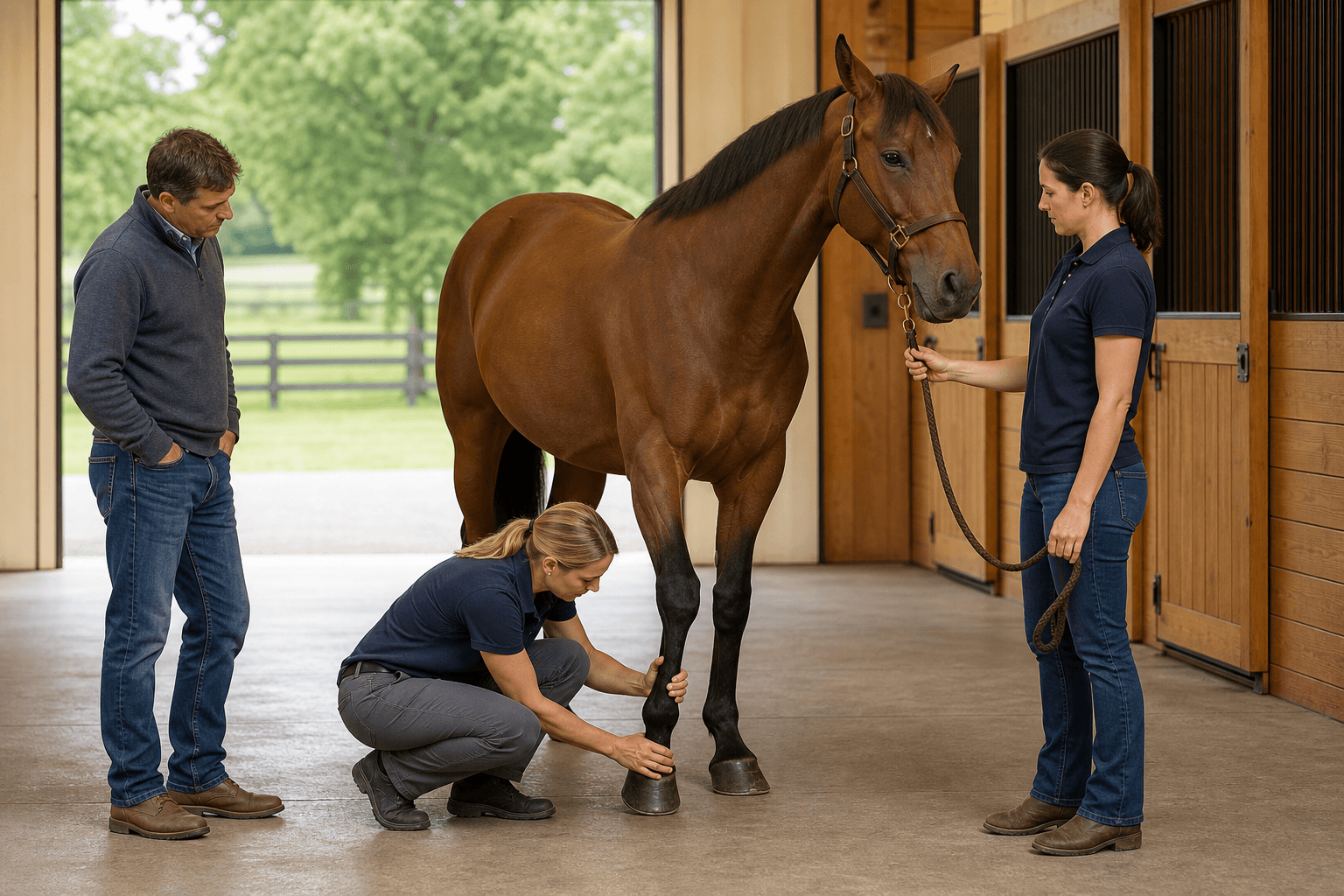 An equine veterinarian examining a bay horse's front leg during a pre-purchase exam