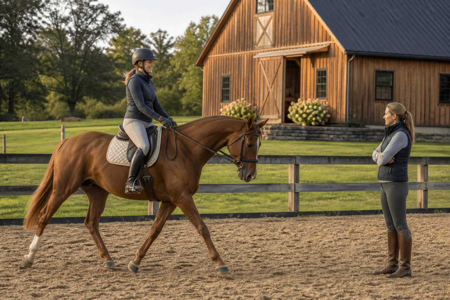A prospective buyer trial-riding a chestnut horse while a trainer observes