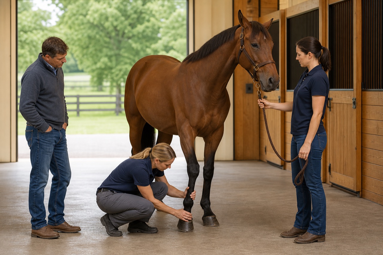 An equine veterinarian examining a bay horse's front leg during a pre-purchase exam