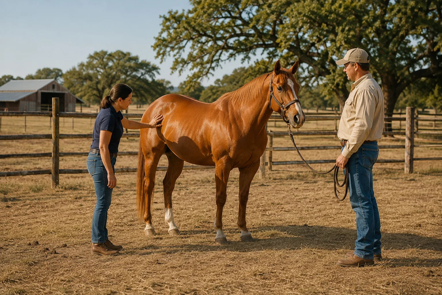 A prospective buyer inspecting a sorrel Quarter Horse while the seller holds it on a Texas ranch