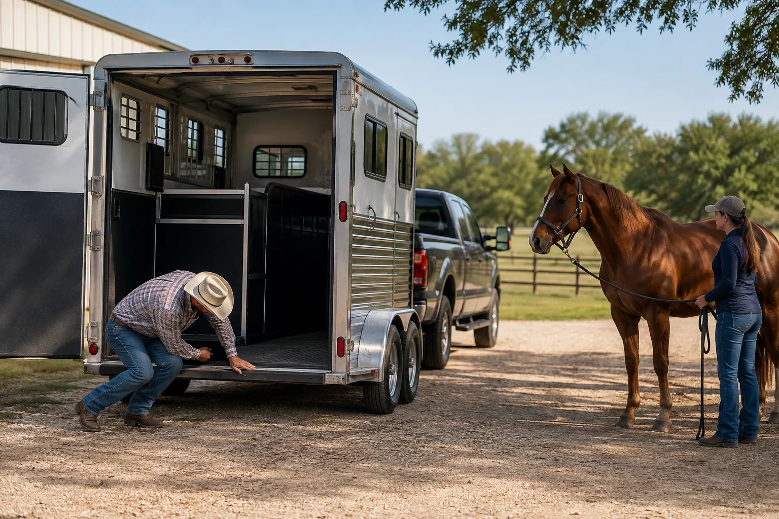 Two handlers safely checking a horse trailer before loading a chestnut horse in Texas