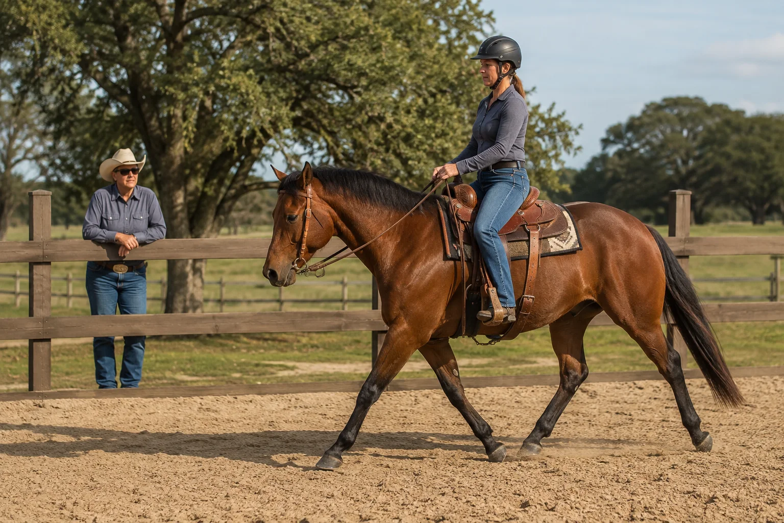 A helmeted buyer trial-riding a bay Quarter Horse while a trainer observes in a Texas arena