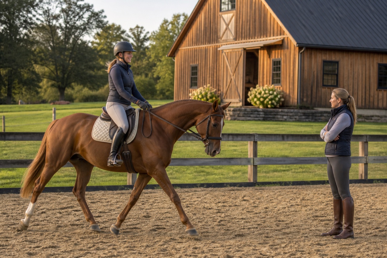 A prospective buyer trial-riding a chestnut horse while a trainer observes